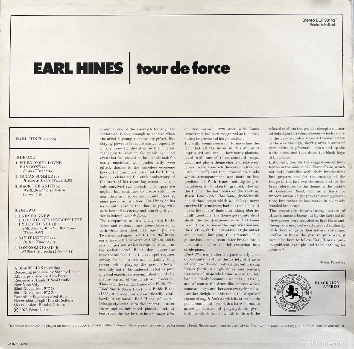 Discos de vinilo: EARL HINES. TOUR DE FORCE. LP HOLANDA 1973 - Foto 2