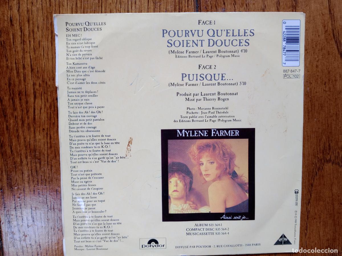 Discos de vinilo: Mylene Farmer - pourvu quelles soient douces + puisque... - Foto 3