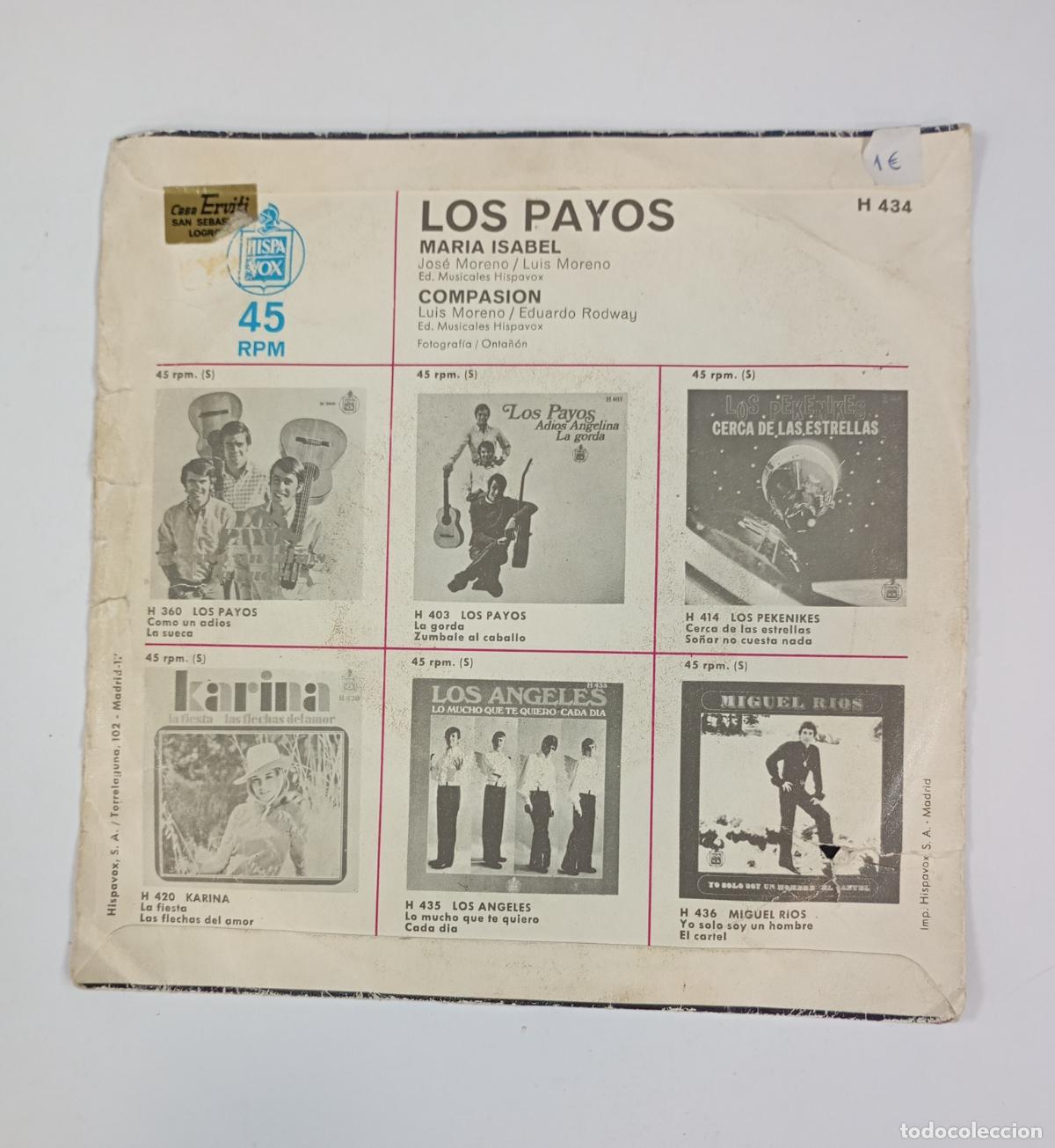 Discos de vinilo: Los Payos - Mar&iacute;a Isabel / Compasi&oacute;n - Single. TDKDS16B - Foto 2