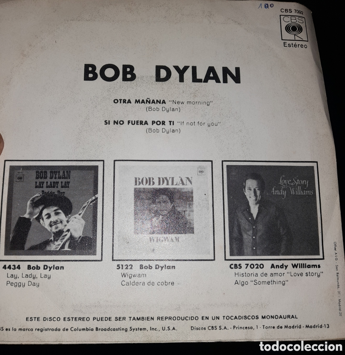 Discos de vinilo: BOB DYLAN - OTRA MA&Ntilde;ANA - SINGLE 7&rdquo;. ESPA&Ntilde;A. CBS - Foto 2