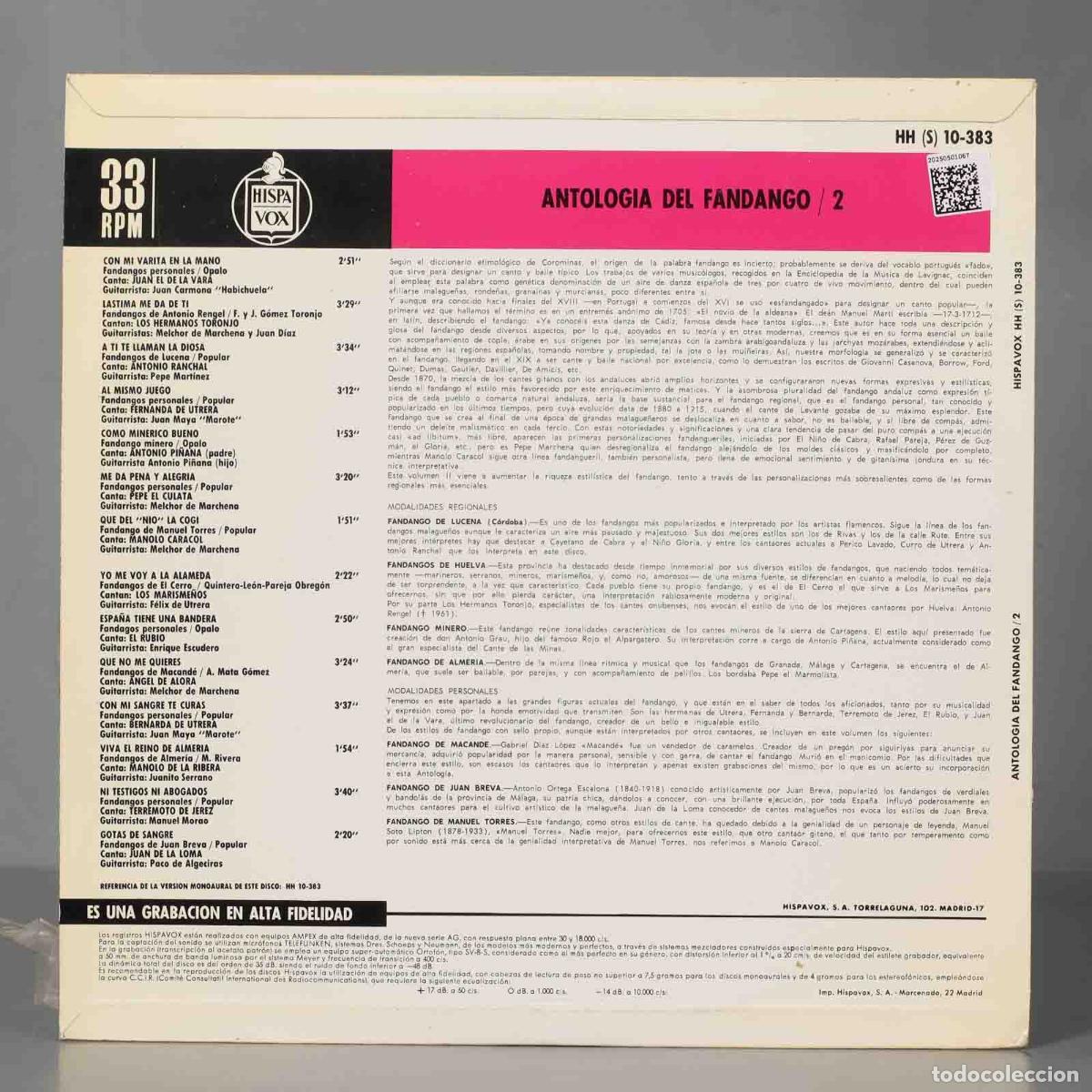 Discos de vinilo: LP. ANTOLOGIA DEL FANDANGO. VOL 2 - Foto 2