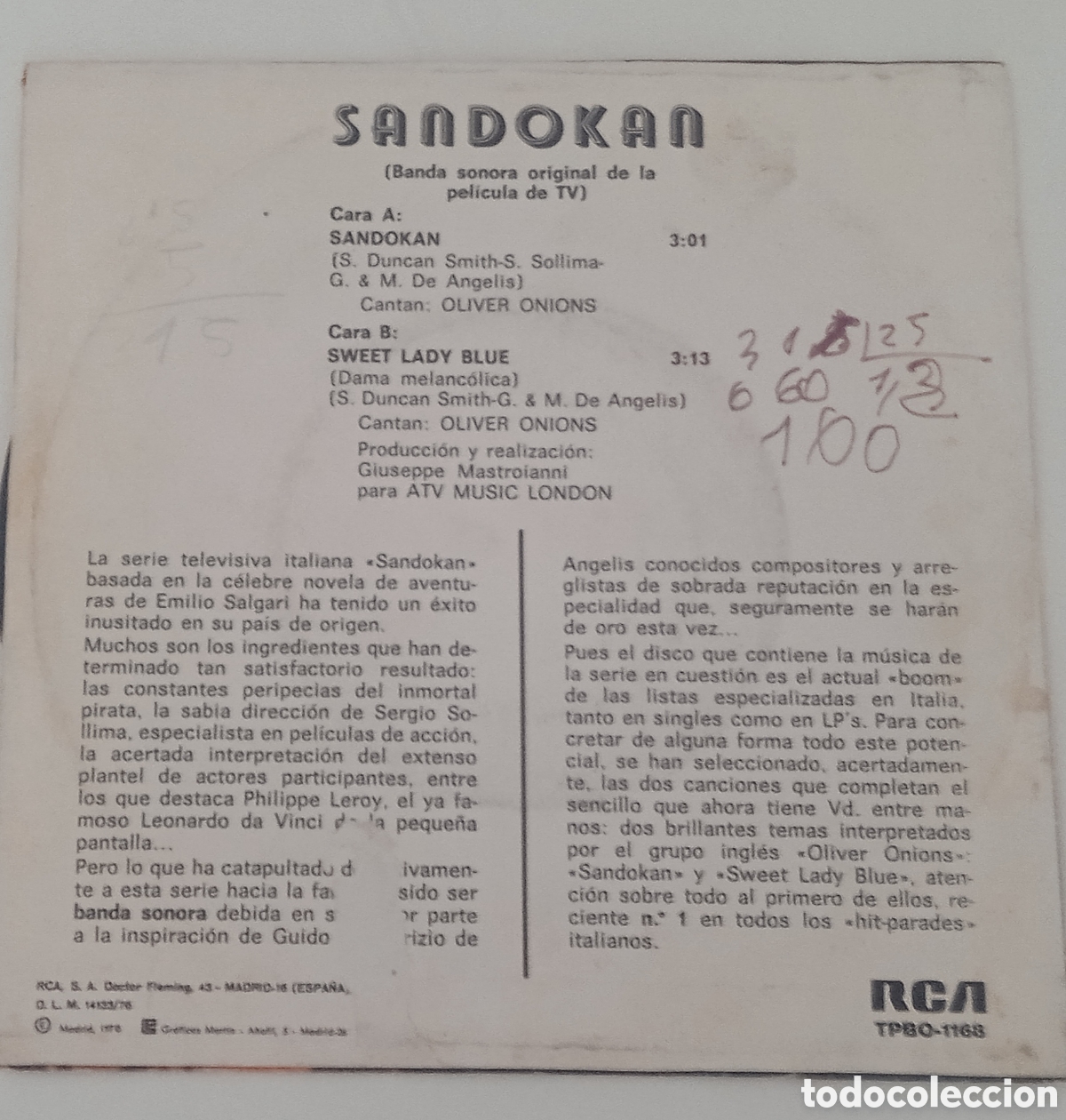 Discos de vinilo: OLIVER ONIONS - Sandokan (1976) single BSO - Foto 2
