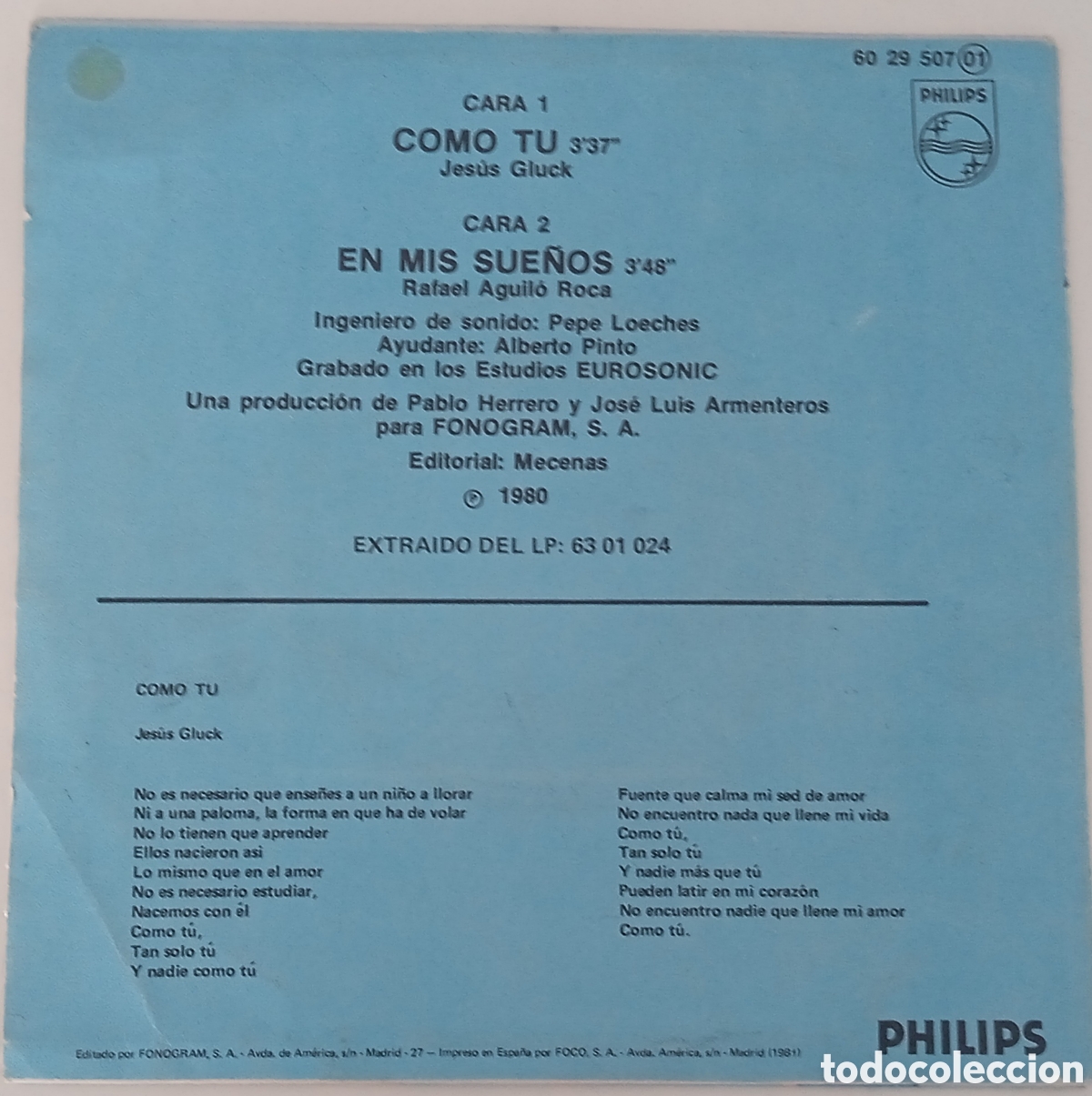 Discos de vinilo: FALCONS - Como t&uacute; (1980) single - Foto 2