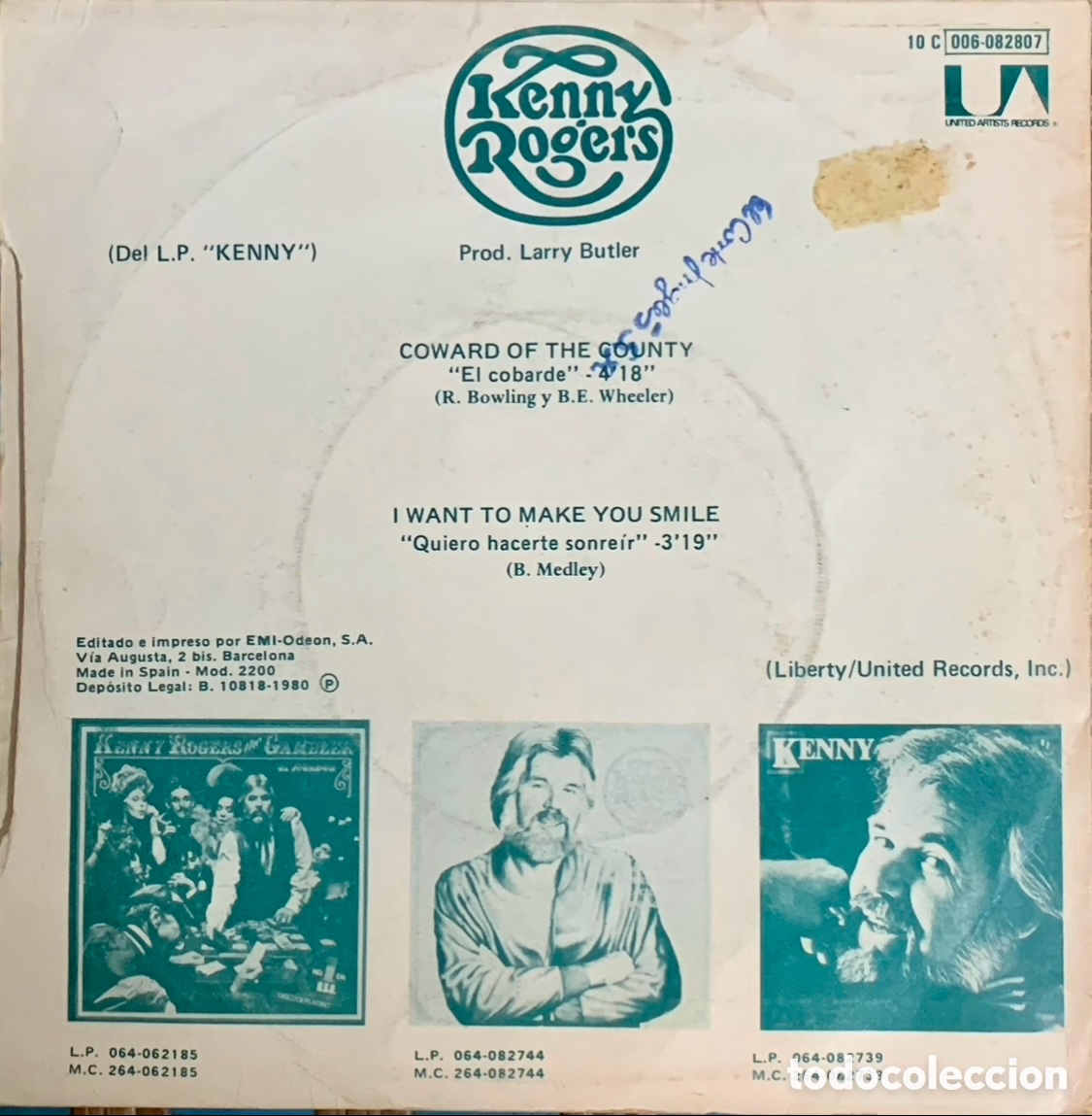 Discos de vinilo: Disco Vinilo Single. Kenny Rogers. &ldquo;El cobarde&rdquo;. 1980. - Foto 2