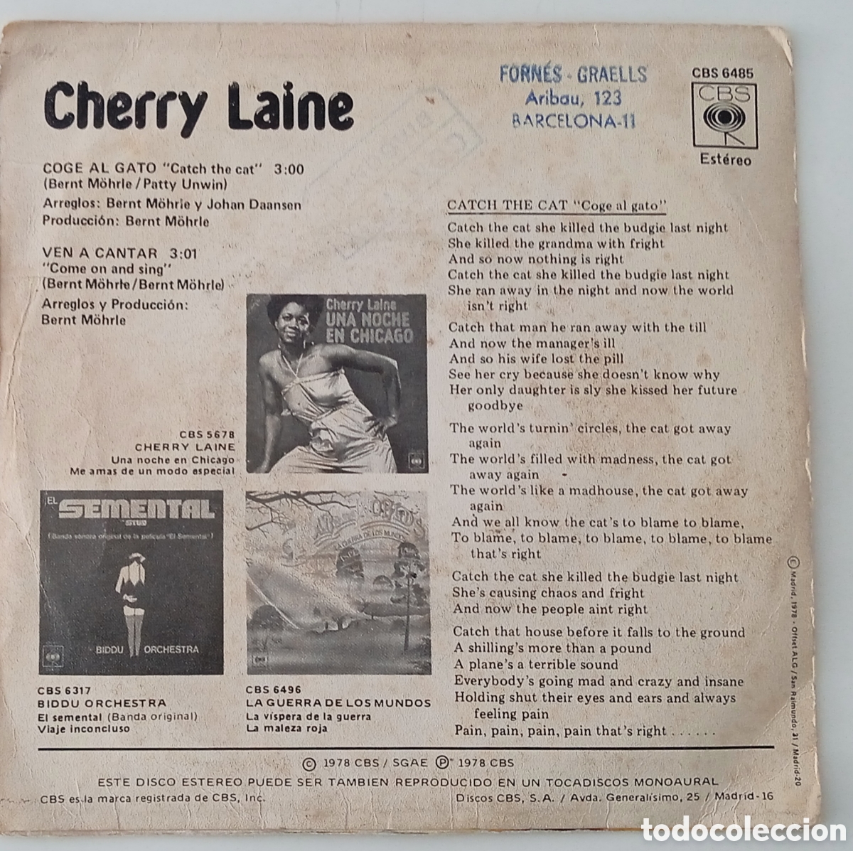 Discos de vinilo: CHERRY LAINE - Catch the cat (1978) single - Foto 2