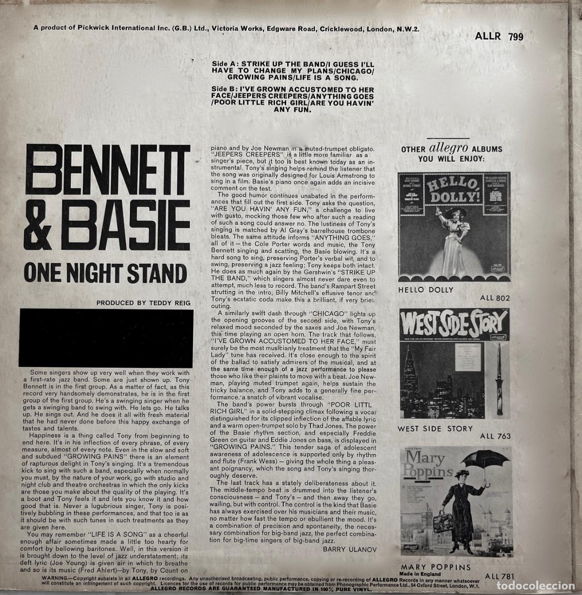 Discos de vinilo: TONY BENNETT & COUNT BASIE, A ONE NIGHT STAND. LP ORIGINAL UK - Foto 2