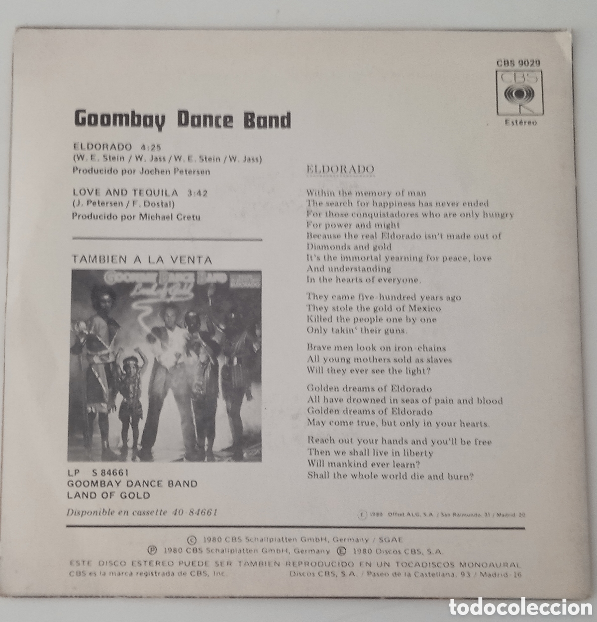 Discos de vinilo: GOOMBAY DANCE BAND - Eldorado (1980) single - Foto 2