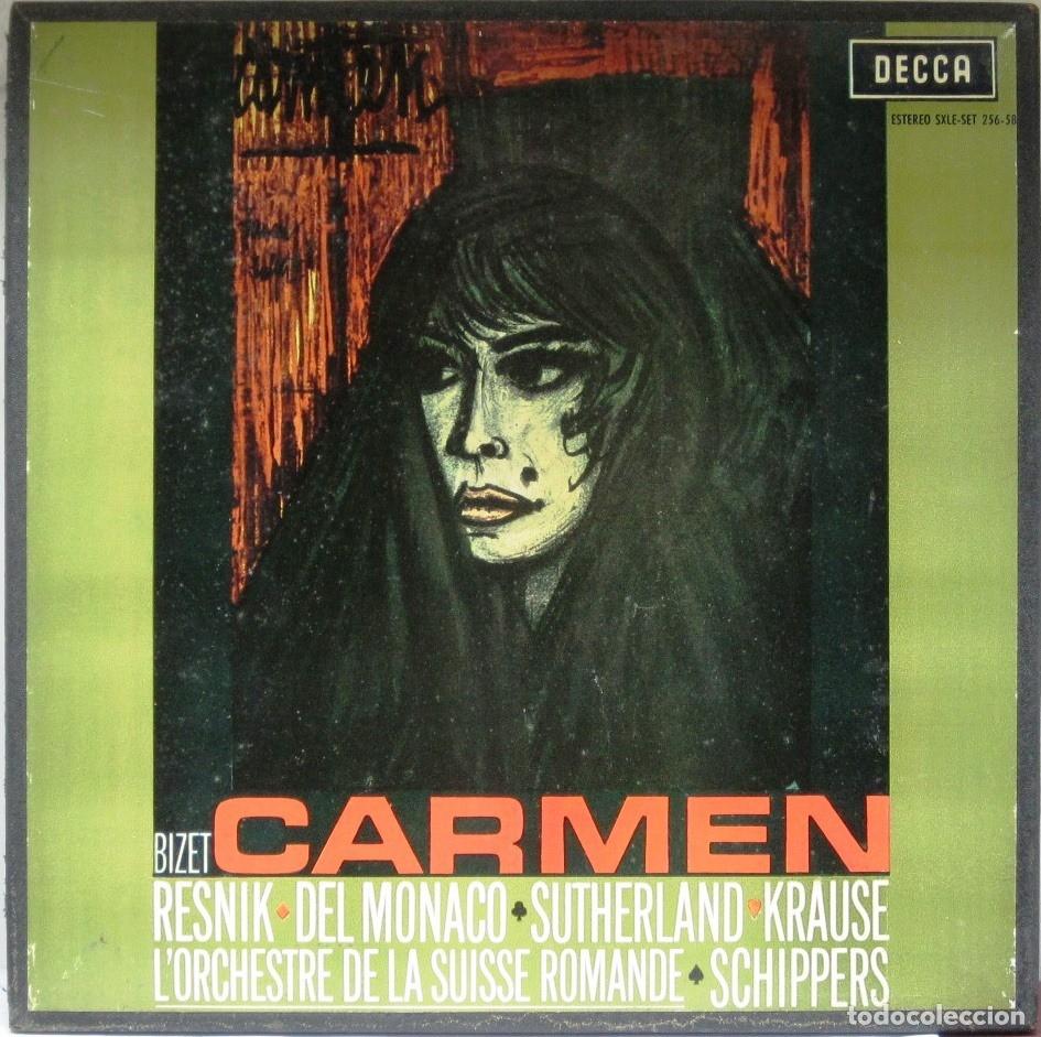 Discos de vinil: BIZET CARMEN - RESNIK -DEL MONACO - SUTHERLAND - KRAUS - CAJA 3 LP CONTIENE LIBRETO