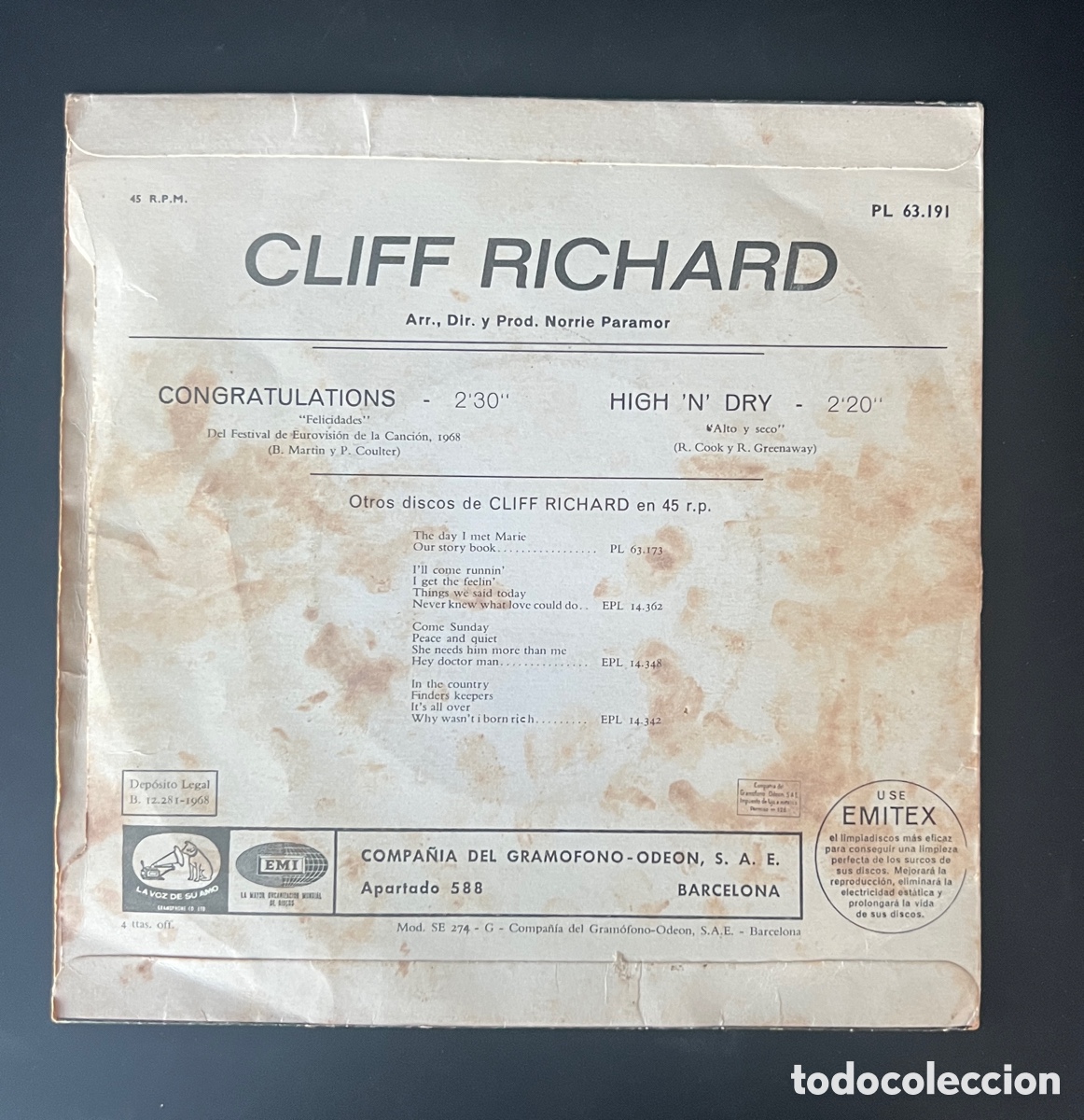 Discos de vinilo: cliff richard, congratulations (eurovision 1968 - Foto 2