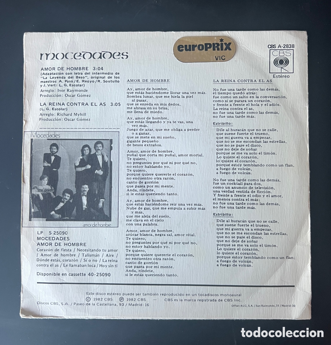 Discos de vinilo: SINGLE MOCEDADES - AMOR DE HOMBRE - CBS 1982 - Foto 2