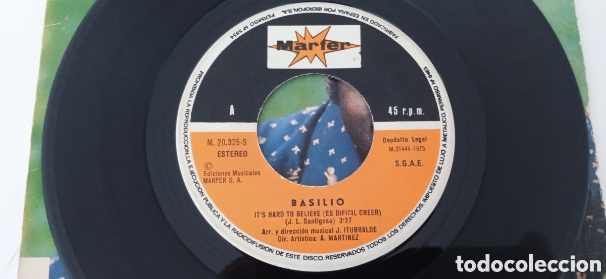 Discos de vinilo: BASILIO - Its hard to believe (1975) single - Foto 3