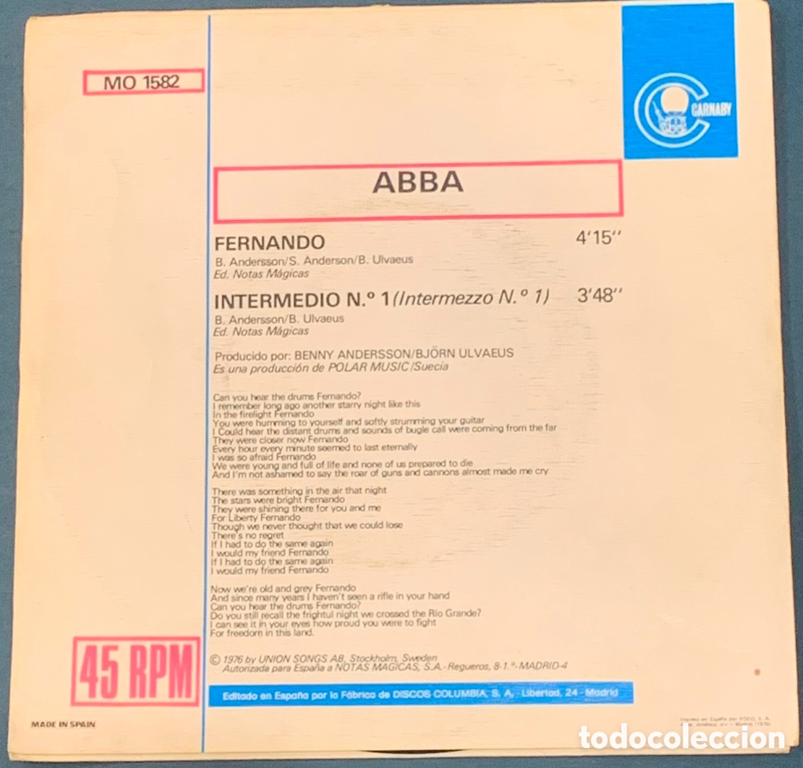 Discos de vinilo: Disco Vinilo Single. Abba. &ldquo;Fernando&rdquo;. 1976. - Foto 2