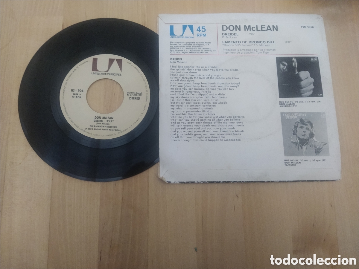 Discos de vinilo: DON MCLEAN - SINGLE - DREIDEL/LAMENTO DE BRONCO BILL - Foto 2
