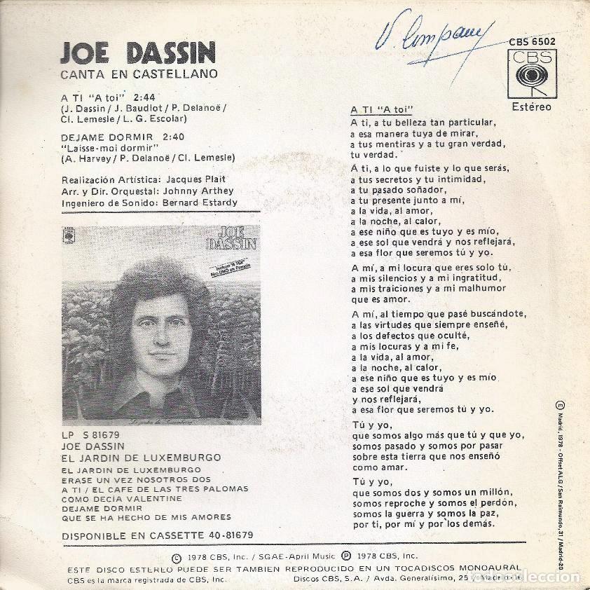 Discos de vinilo: JOE DASSIN &middot;&middot;&middot; A ti / Dejame dormir - Foto 2