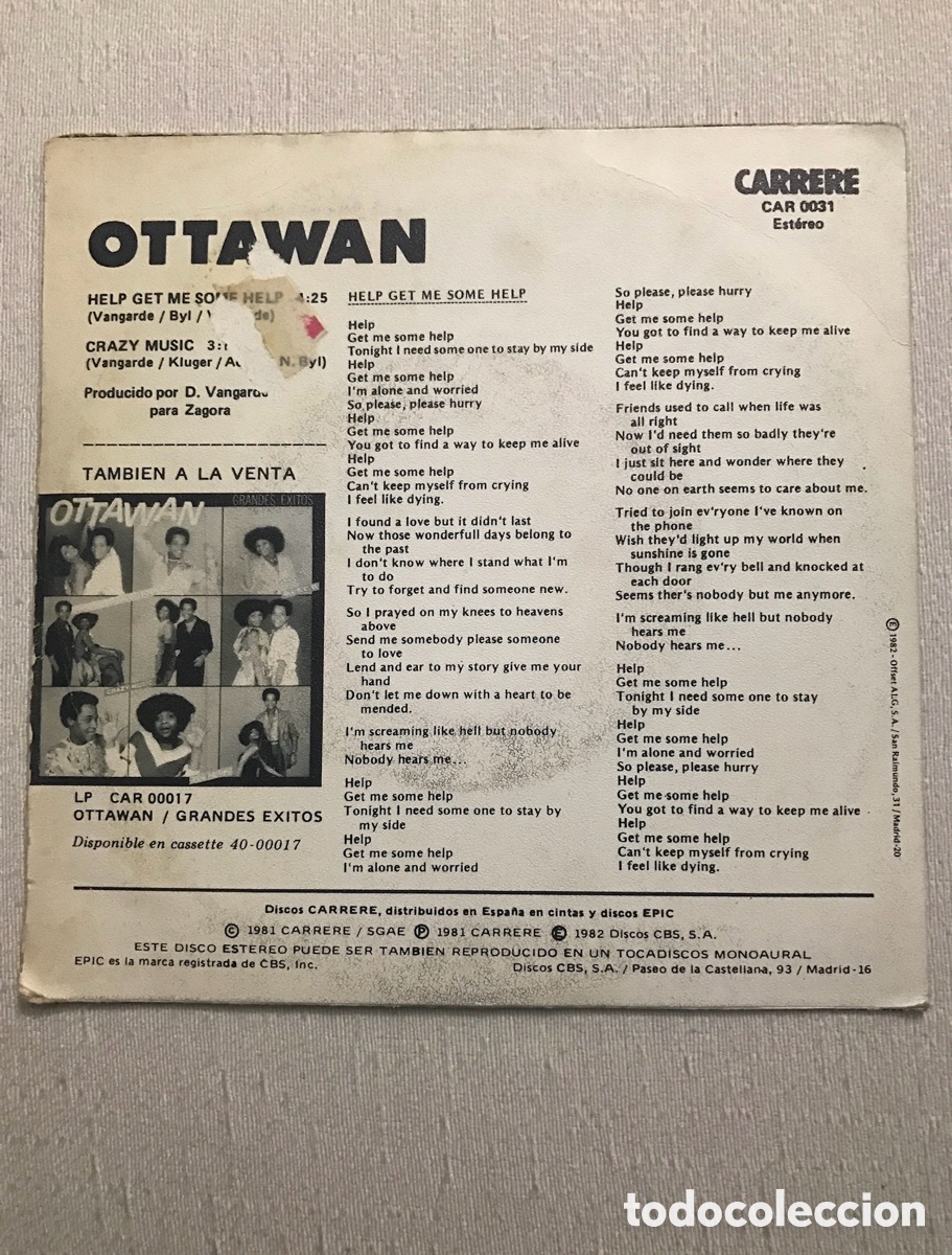 Discos de vinilo: SINGLE VINILO OTAWAN HELP GET ME SOME HELP ESCASO A&Ntilde;OS 80 - Foto 3