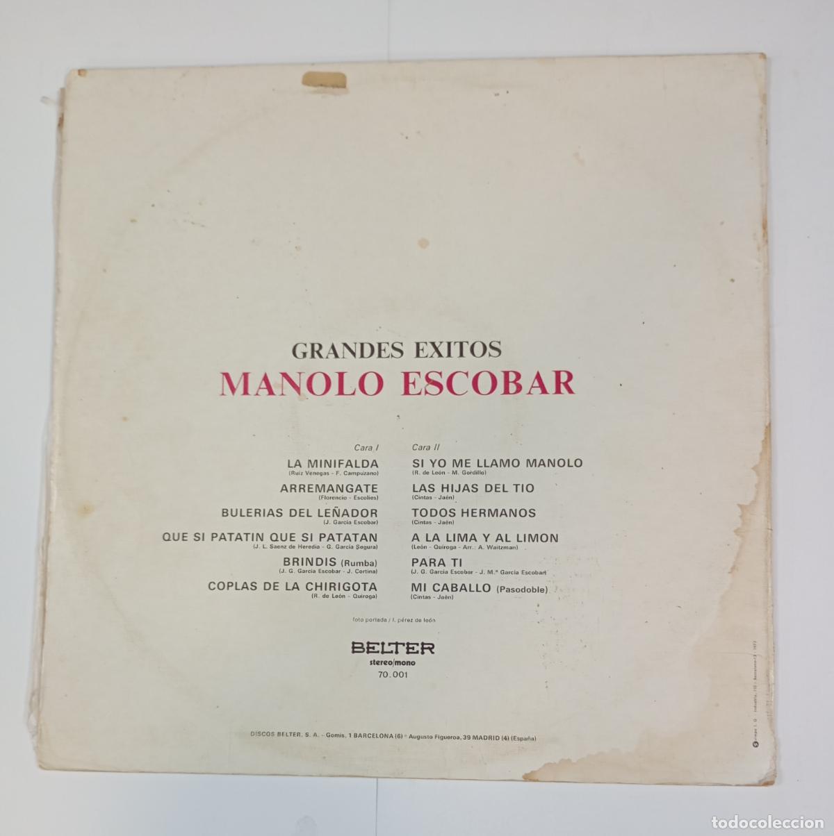 Discos de vinilo: MANOLO ESCOBAR. GRANDES &Eacute;XITOS. LP. TDKLP6 - Foto 2