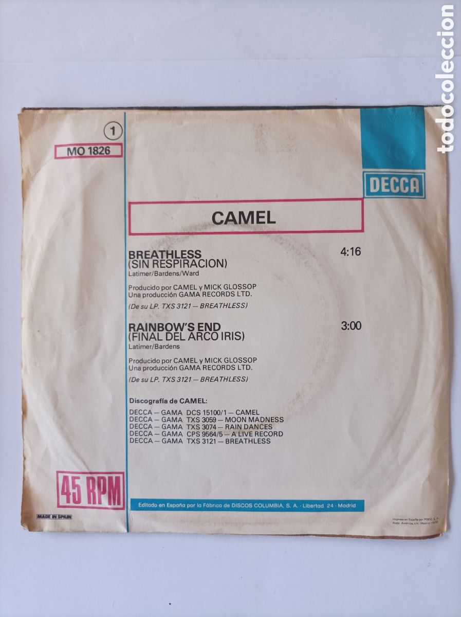 Discos de vinilo: CAMEL. BREATHLESS. 1978. SINGLE DISCO VINILO. - Foto 2