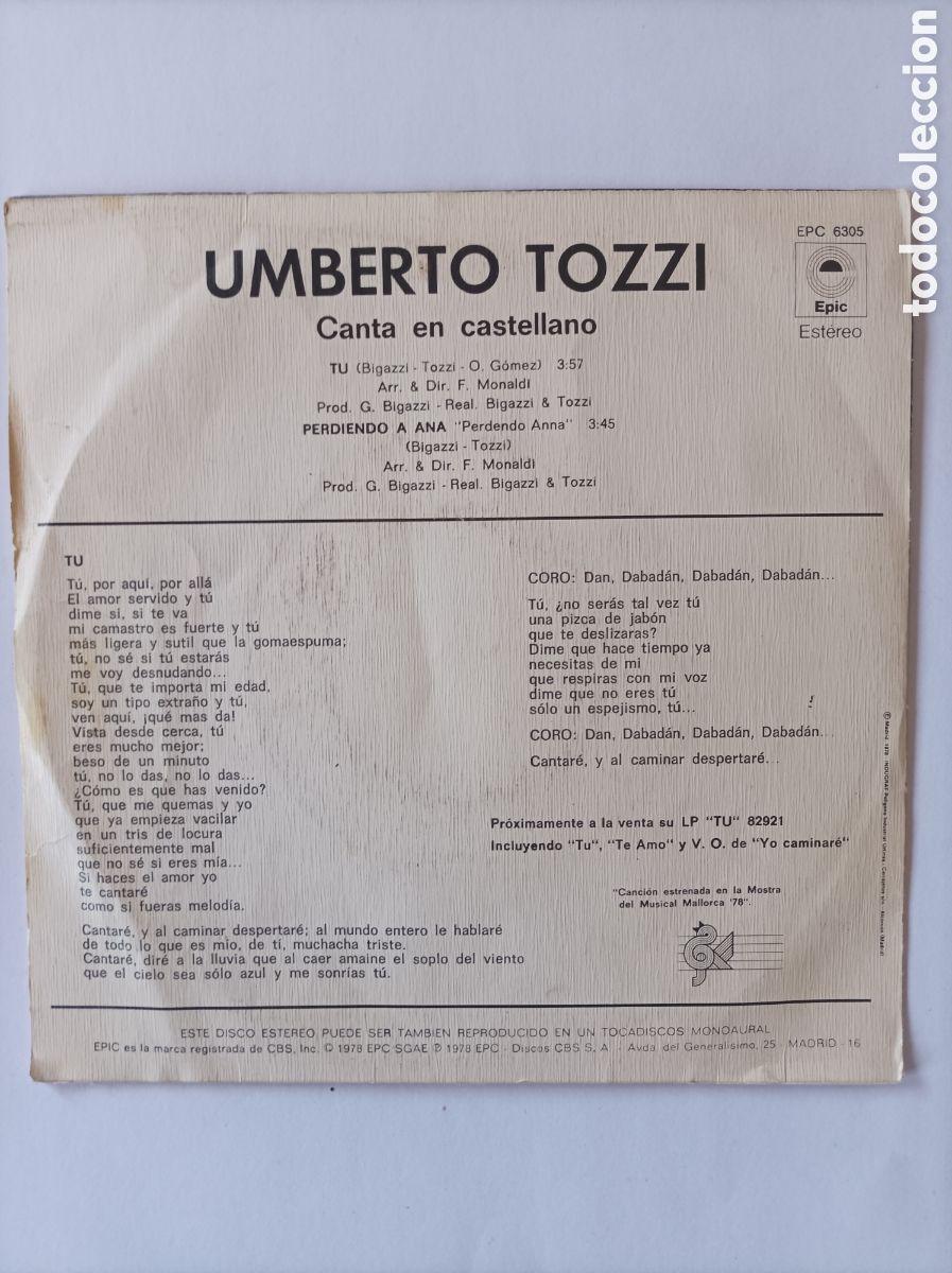 Discos de vinilo: UMBERTO TOZZI. TU. SINGLE DISCO VINILO. - Foto 2