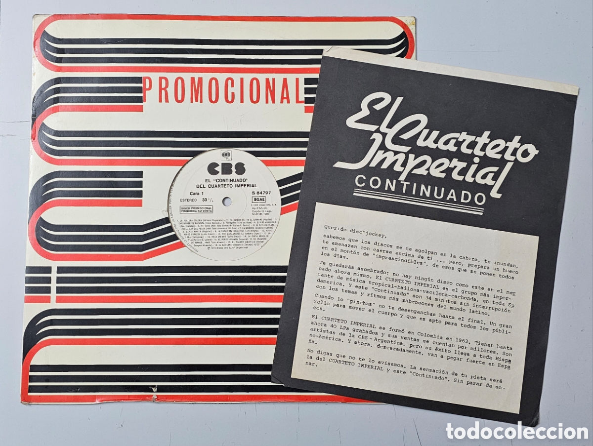Disques de vinyle: LP CUARTETO IMPERIAL - El continuado del... (Espa&ntilde;a - CBS - 1980) RARO PROMO INSERT Cumbia Colombia