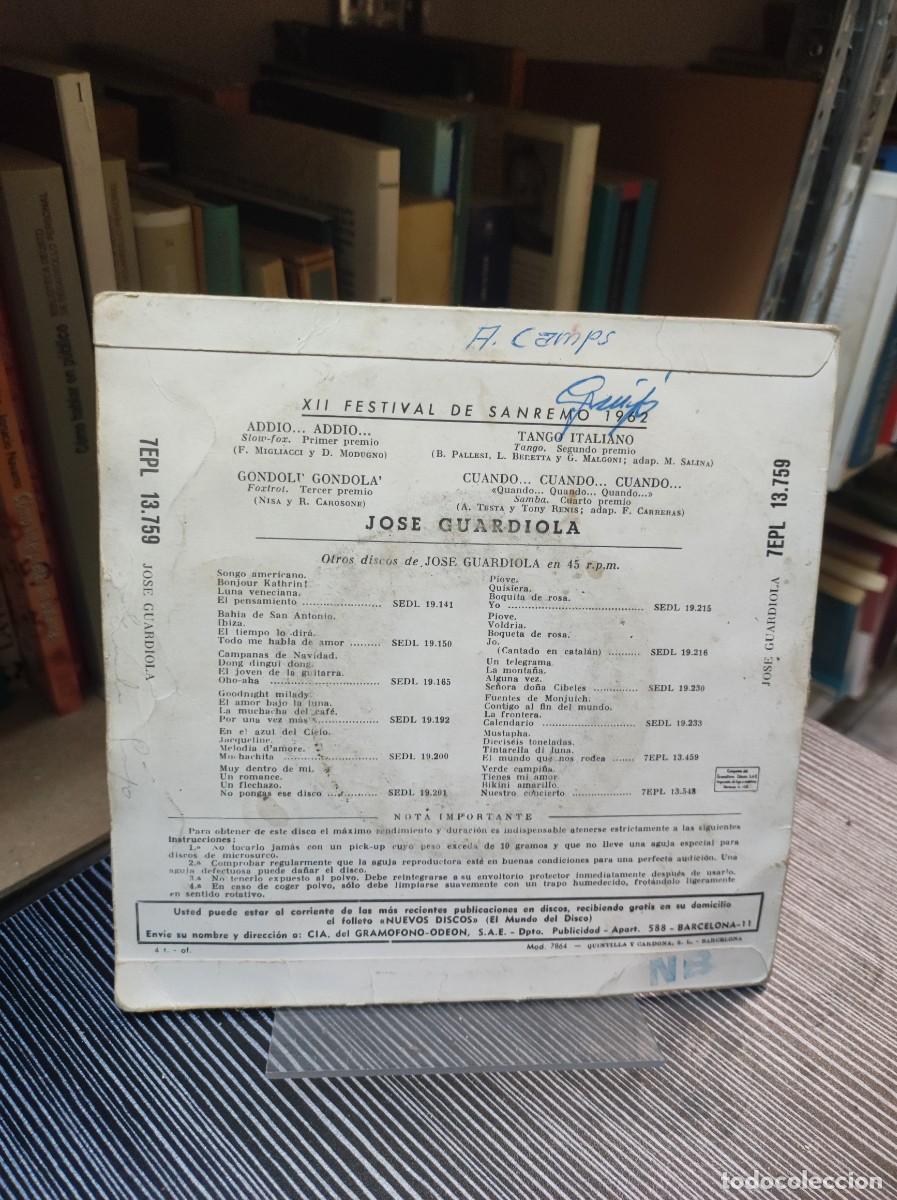 Discos de vinilo: Jos&eacute; Guardiola &ndash; Canta Los Exitos De San Remo 1962 - Foto 2