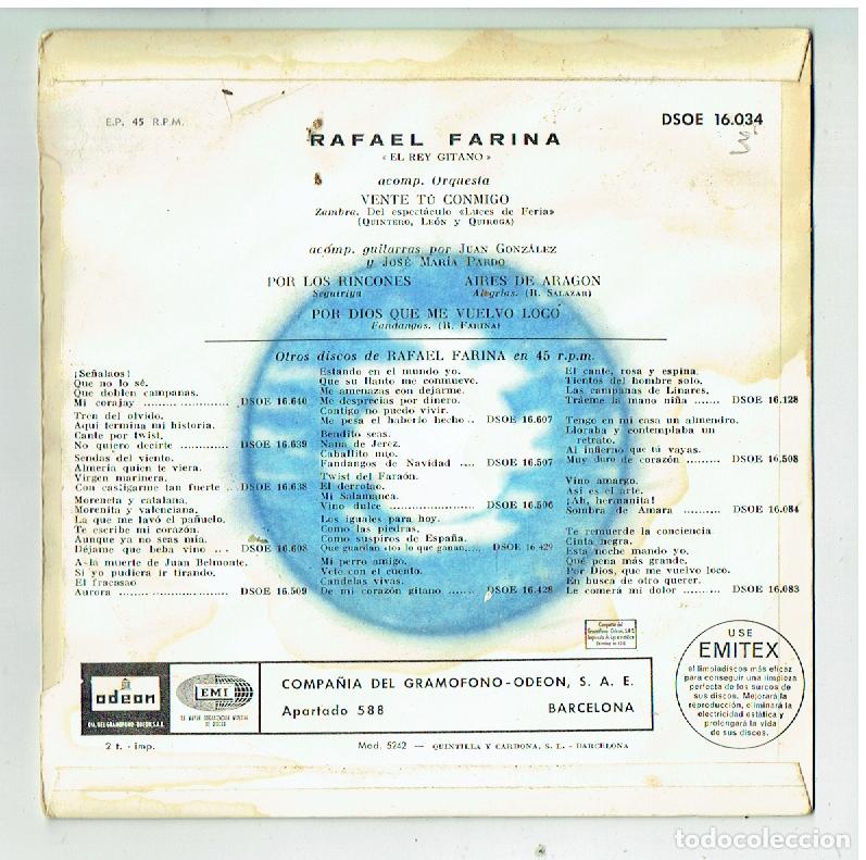 Discos de vinilo: RAFAEL FARINA. DISCO-SINGLE-VINILO. ODEON 16.034.(P/D58) - Foto 2