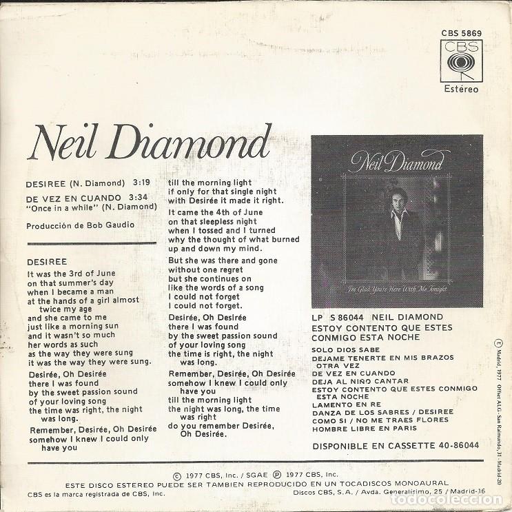 Discos de vinilo: NEIL DIAMOND &middot;&middot;&middot; Desir&eacute;e / Once In A While - (Single) - Foto 2