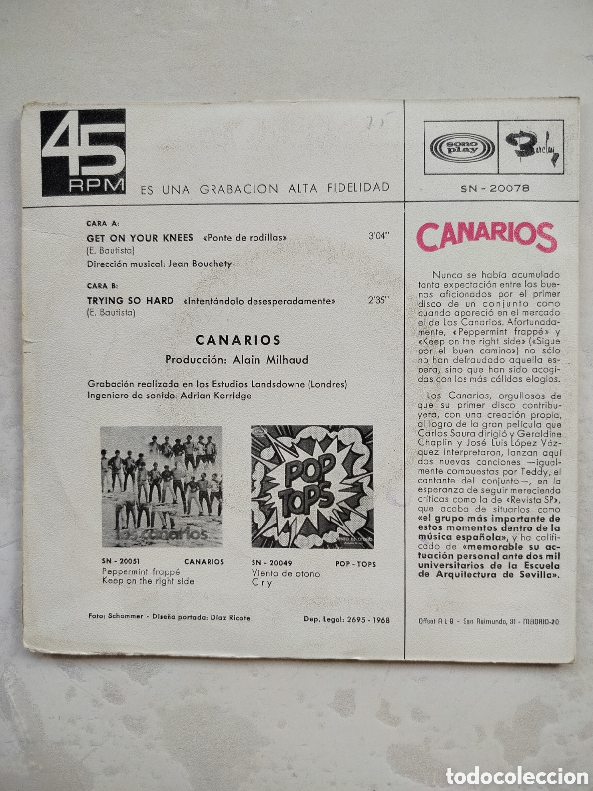 Discos de vinilo: Los Canarios Single 68 - Foto 2