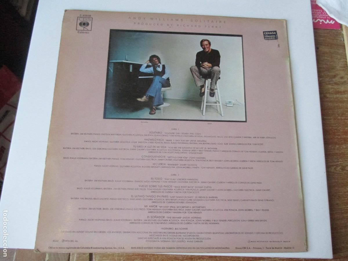 Discos de vinilo: ANDY WILLIAMS Solitaire Z309 - Foto 2