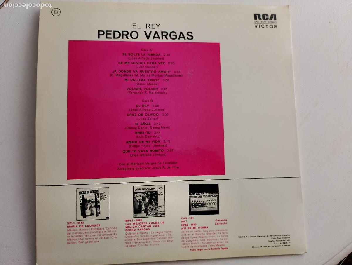 Discos de vinilo: Pedro Vargas &ndash; El Rey, 1975,Ranchera - Foto 3