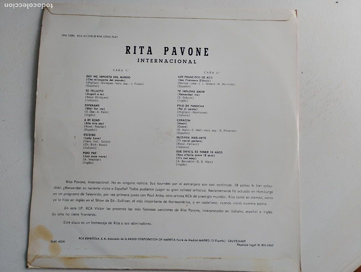 Discos de vinilo: Rita Pavone &lrm;&ndash; Internacional ed espa&ntilde;ola 1965 - Foto 4