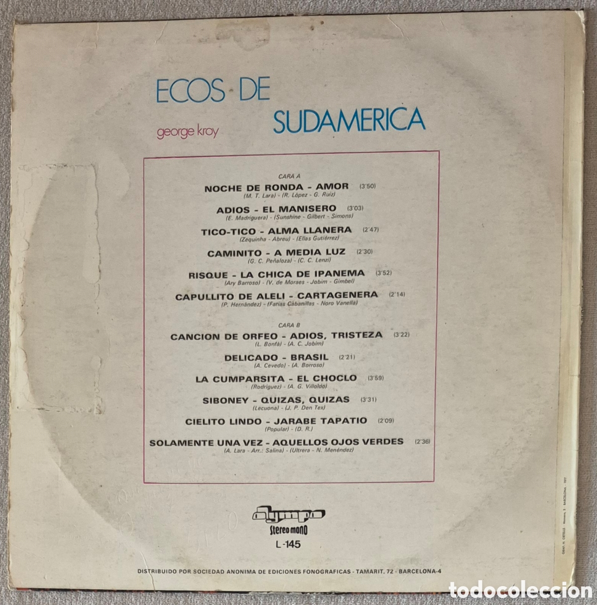 Discos de vinilo: LP - GEORGE KROY - ECOS DE SUDAM&Eacute;RICA - Foto 2