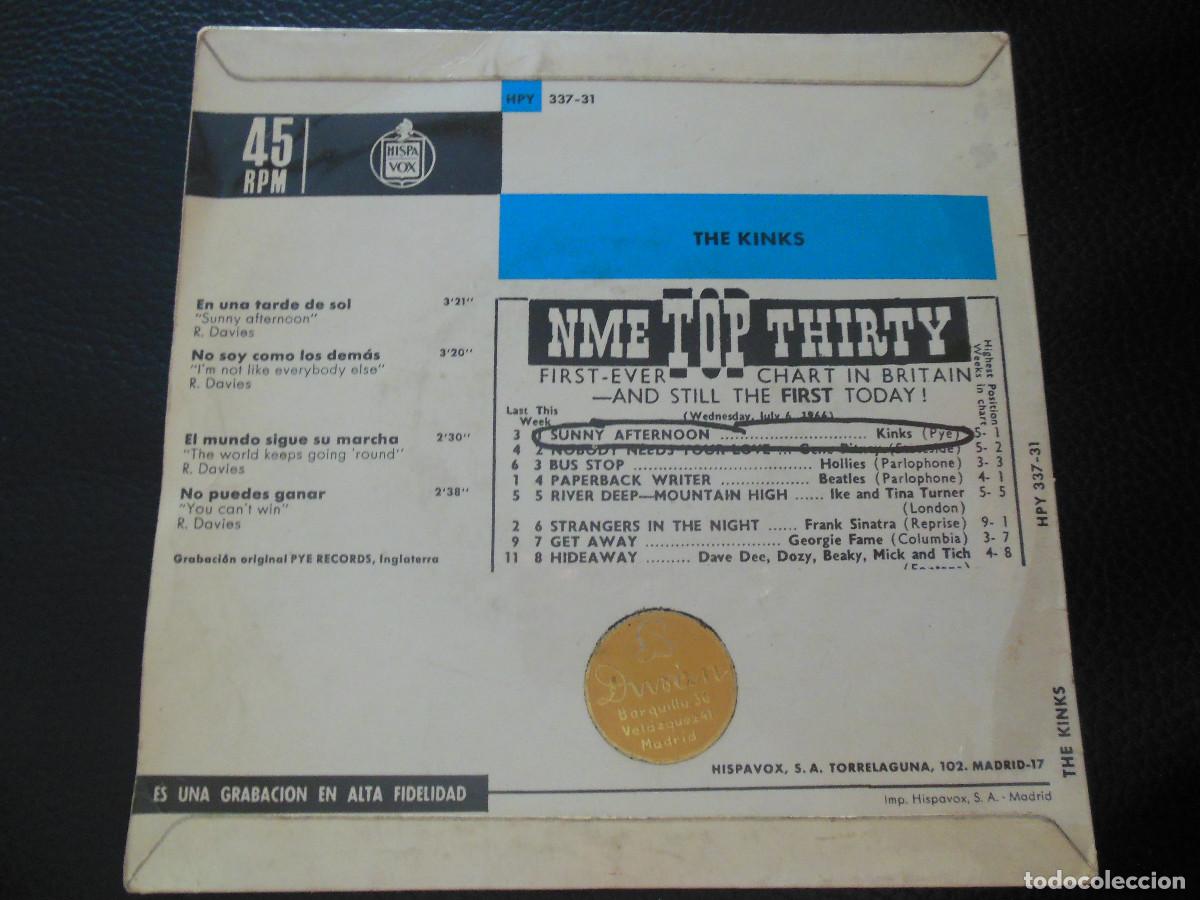 Discos de vinilo: THE KINKS EN UNA TARDE DE SOL SUNNY AFTERNOON EP HISPAVOX 1966 - Foto 2