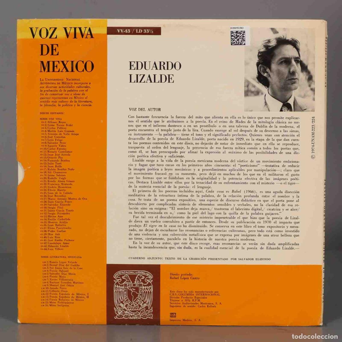 Discos de vinilo: LP. Eduardo Lizalde &ndash; Eduardo Lizalde - Foto 2