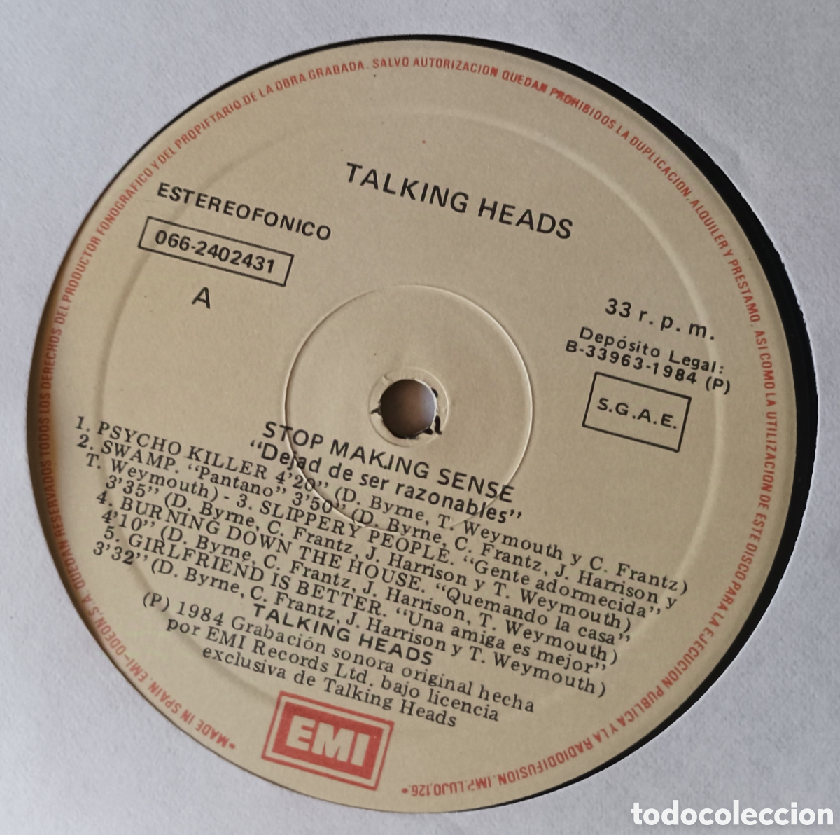 Discos de vinilo: LP Talking Heads. &rdquo;Stop Making Sense&rdquo; 1984 Primera Edici&oacute;n- Versi&oacute;n original - Foto 6