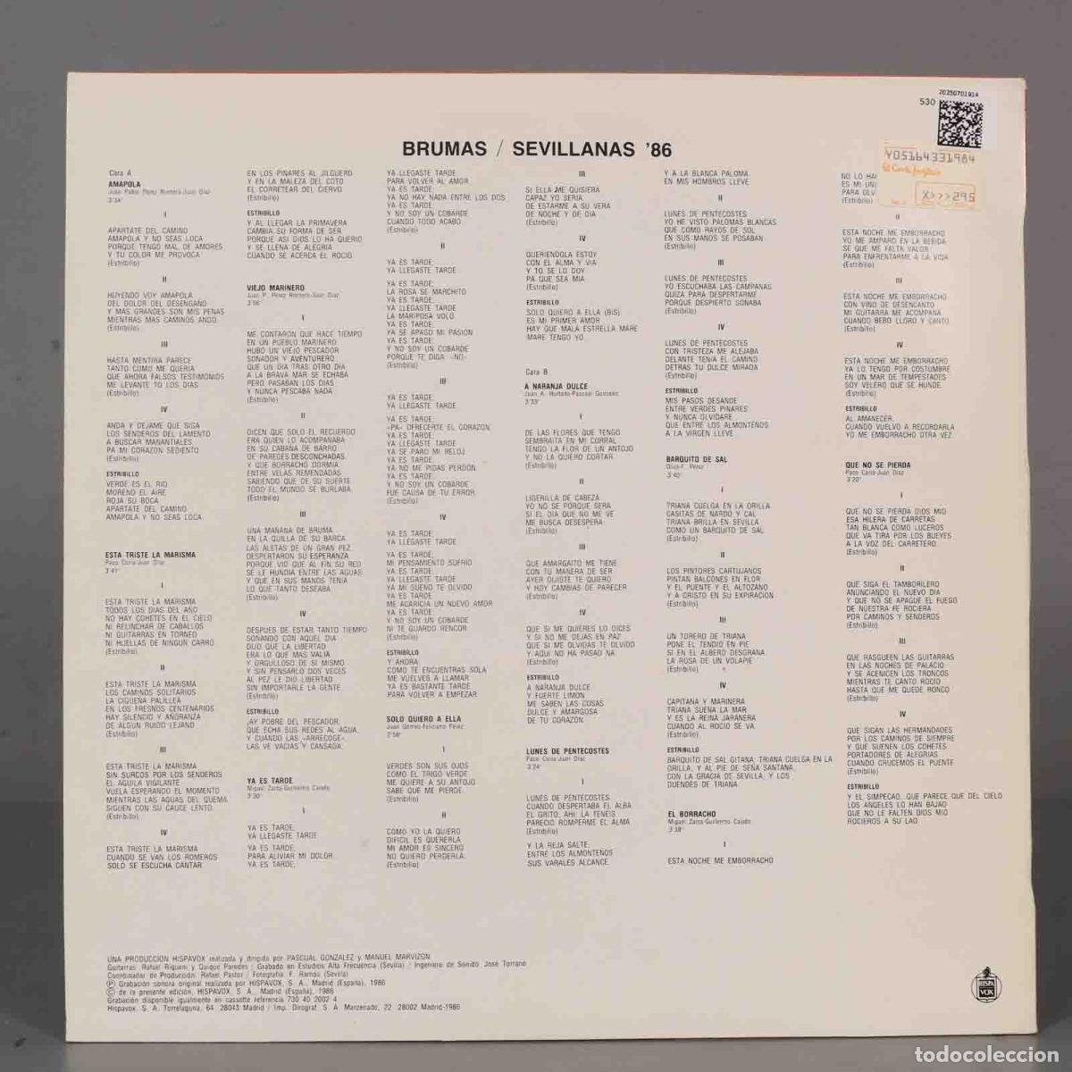 Discos de vinilo: LP. BRUMAS SEVILLANAS &acute;86 - Foto 2