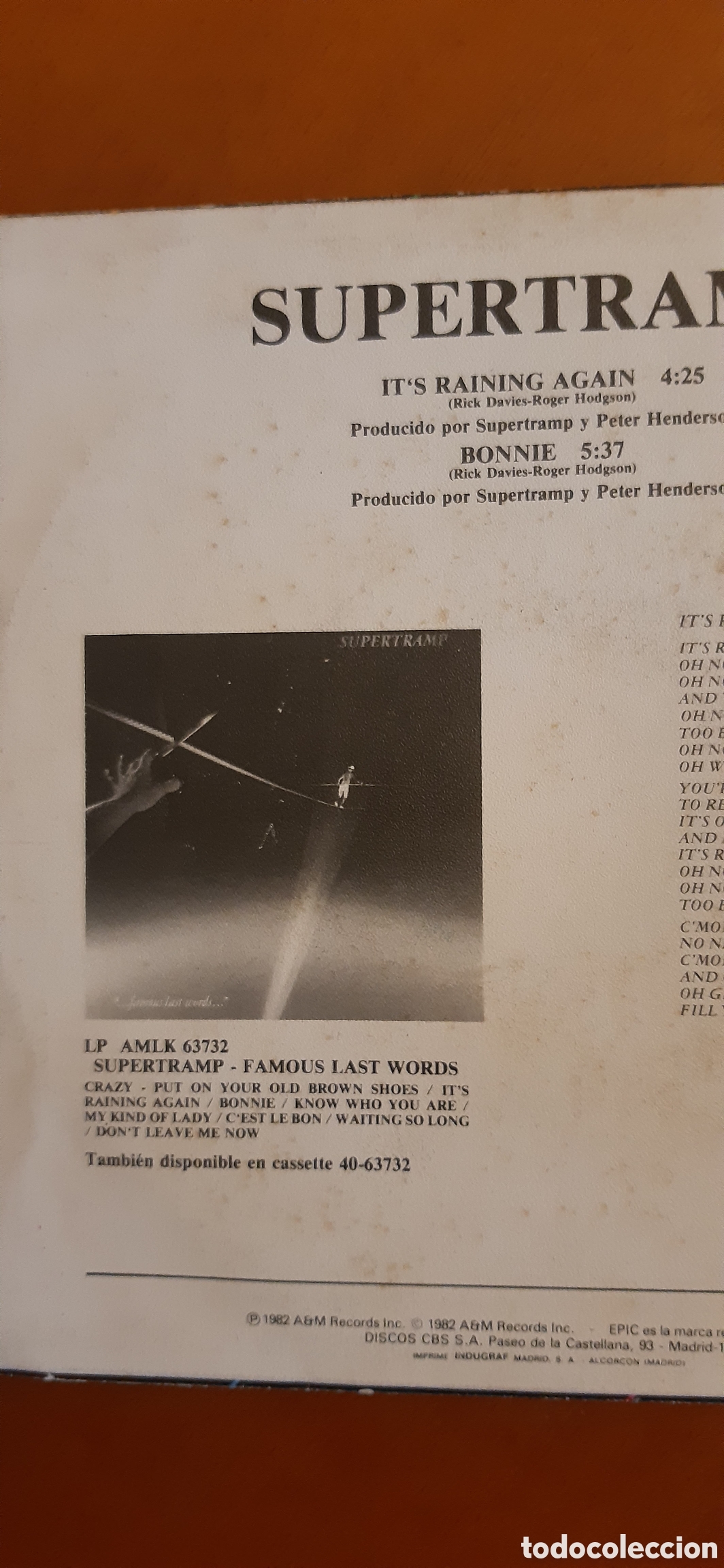 Discos de vinilo: Supertramp its raining again - Foto 3