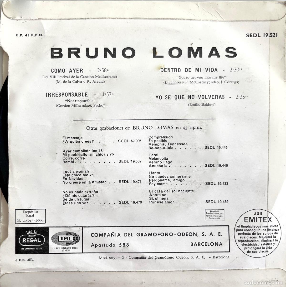 Discos de vinilo: BRUNO LOMAS. COMO AYER+ 3 TEMAS. EP ORIGINAL ESPA&Ntilde;A 1966 - Foto 2
