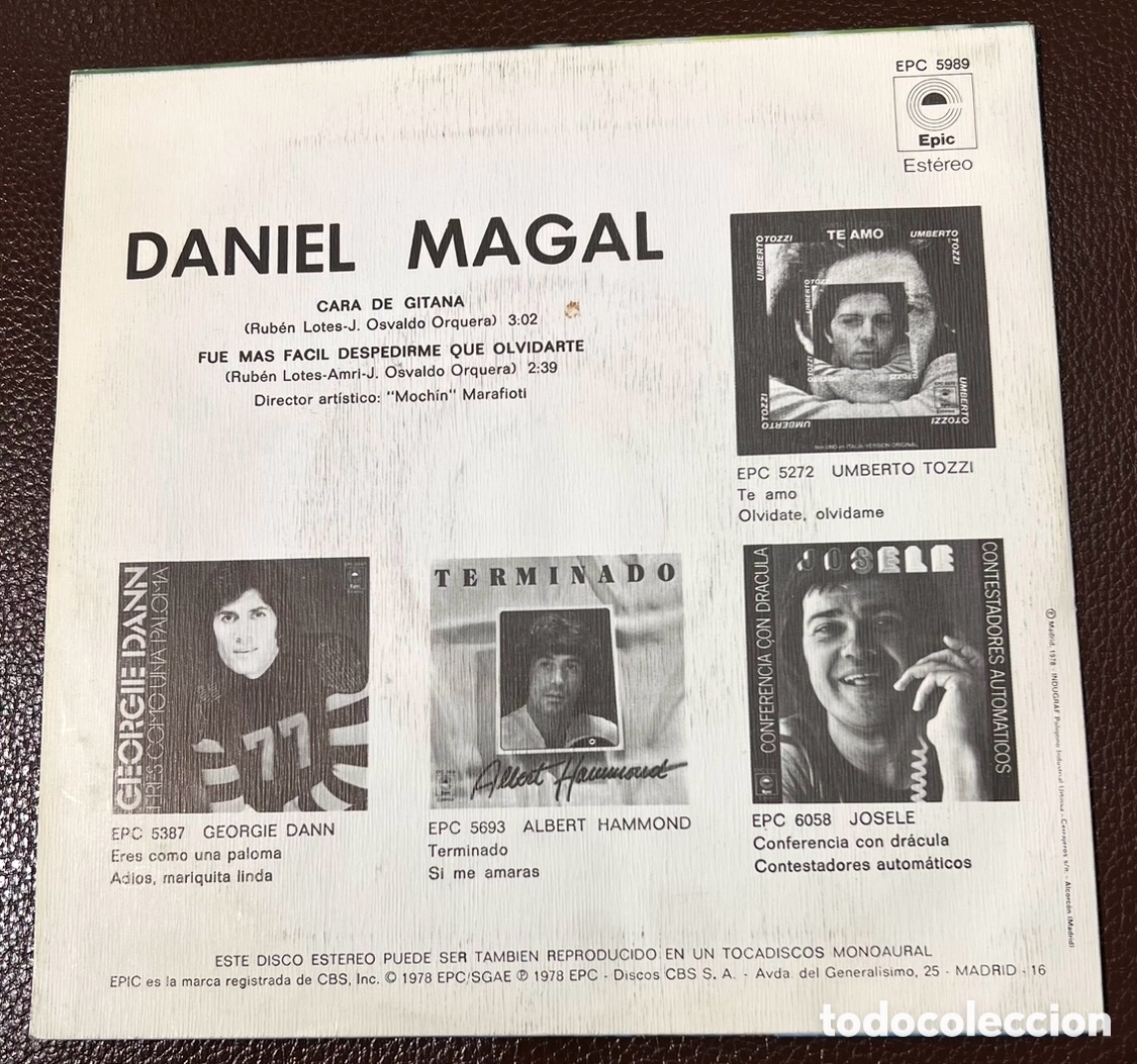 Discos de vinilo: Disco Vinilo Single. Daniel Magal. &ldquo;Cara de gitana&rdquo;. 1978. - Foto 2