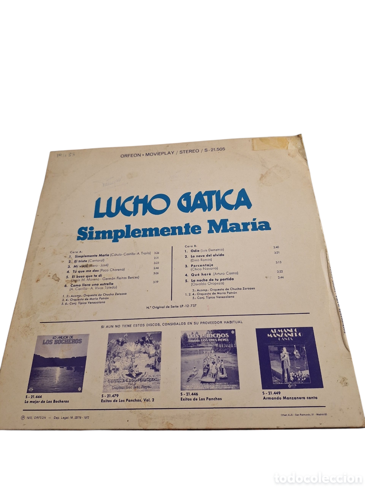 Discos de vinilo: VIN3569 lucho gatica simplemente maria VINILO DE SEGUNDAMANO - Foto 2