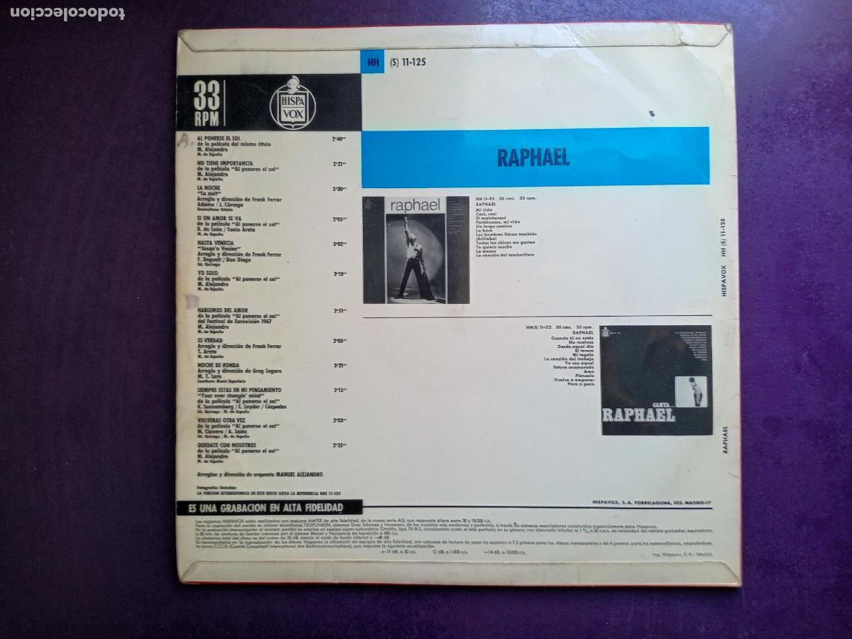 Discos de vinilo: Raphael &ndash; al ponerse el sol - LP HISPAVOX 1967 - POCO USO EN VINILO, - Foto 2
