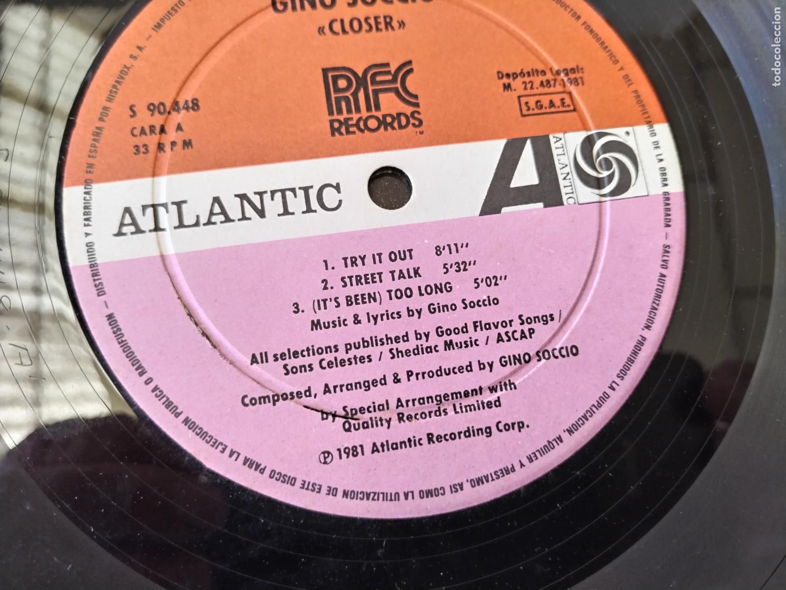 Discos de vinilo: GINO SOCCIO - CLOSER LP ATLANTIC 1981- c164 - Foto 3