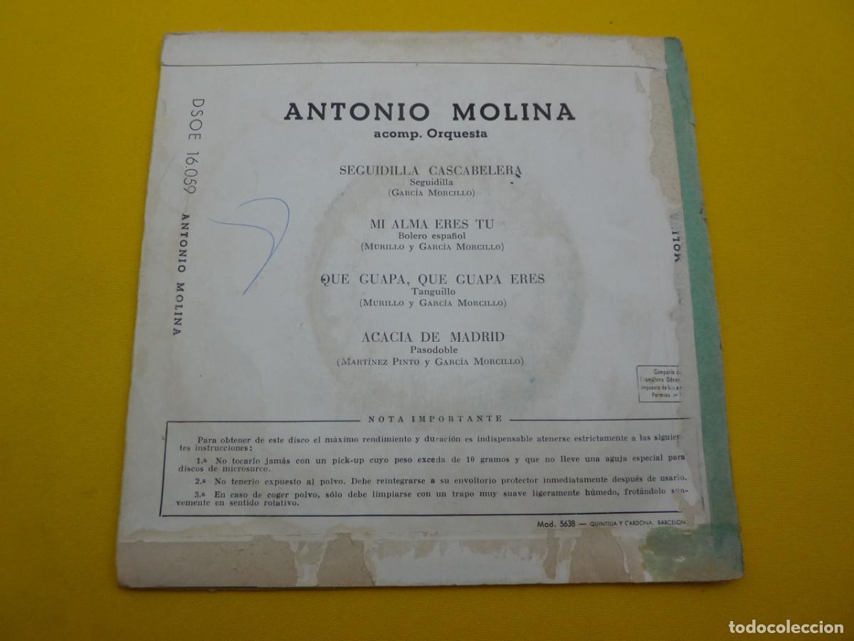 Discos de vinilo: EP ANTONIO MOLINA - Seguidilla Cascabelera - DSOE 16.059 (G/G) - Foto 2