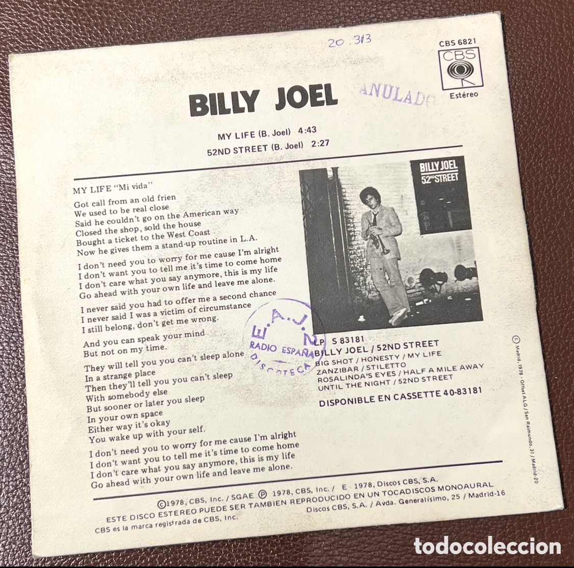 Discos de vinilo: Disco Vinilo Single. Billy Joel. &ldquo;Mi vida&rdquo;. 1978. - Foto 2