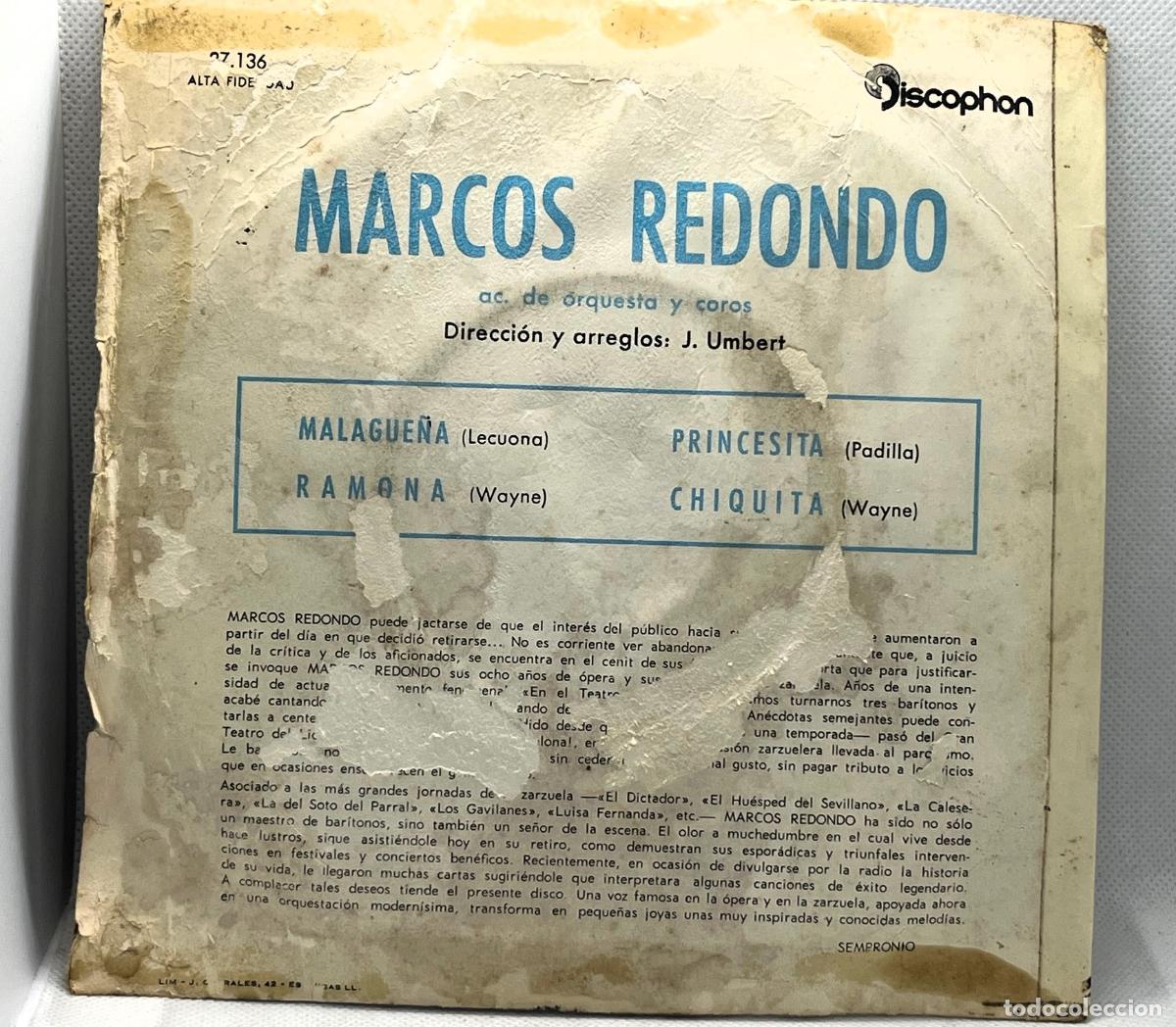 Discos de vinilo: DISCO E.P. MARCOS REDONDO, MALAGUE&Ntilde;A, ANTIGUO -. FLA - Foto 2