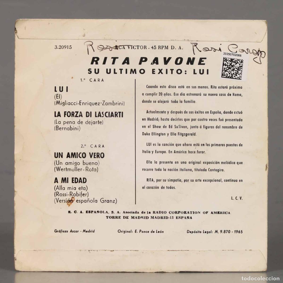 Discos de vinilo: SINGLE. Rita Pavone &ndash; Lui - Foto 2