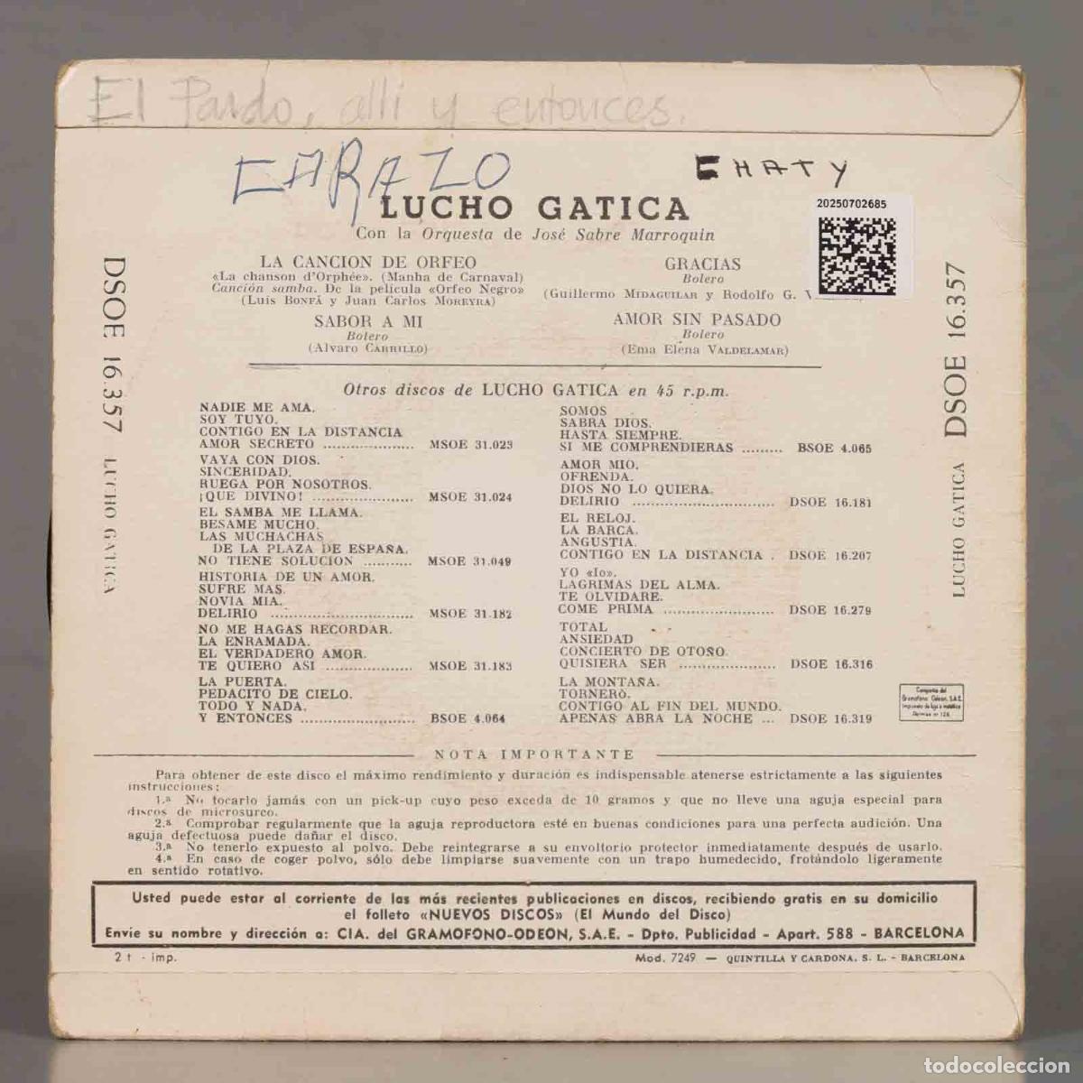 Discos de vinilo: EP. Lucho Gatica &ndash; La Canci&oacute;n De Orfeo - Foto 2