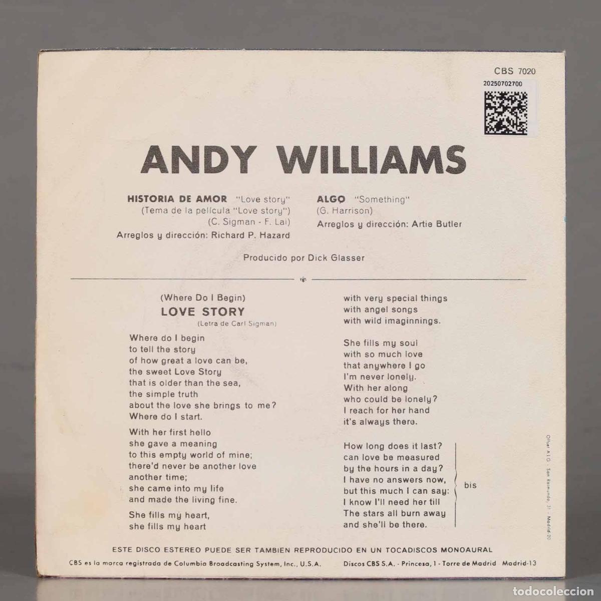 Discos de vinilo: SINGLE. Andy Williams &ndash; Love Story - Foto 2