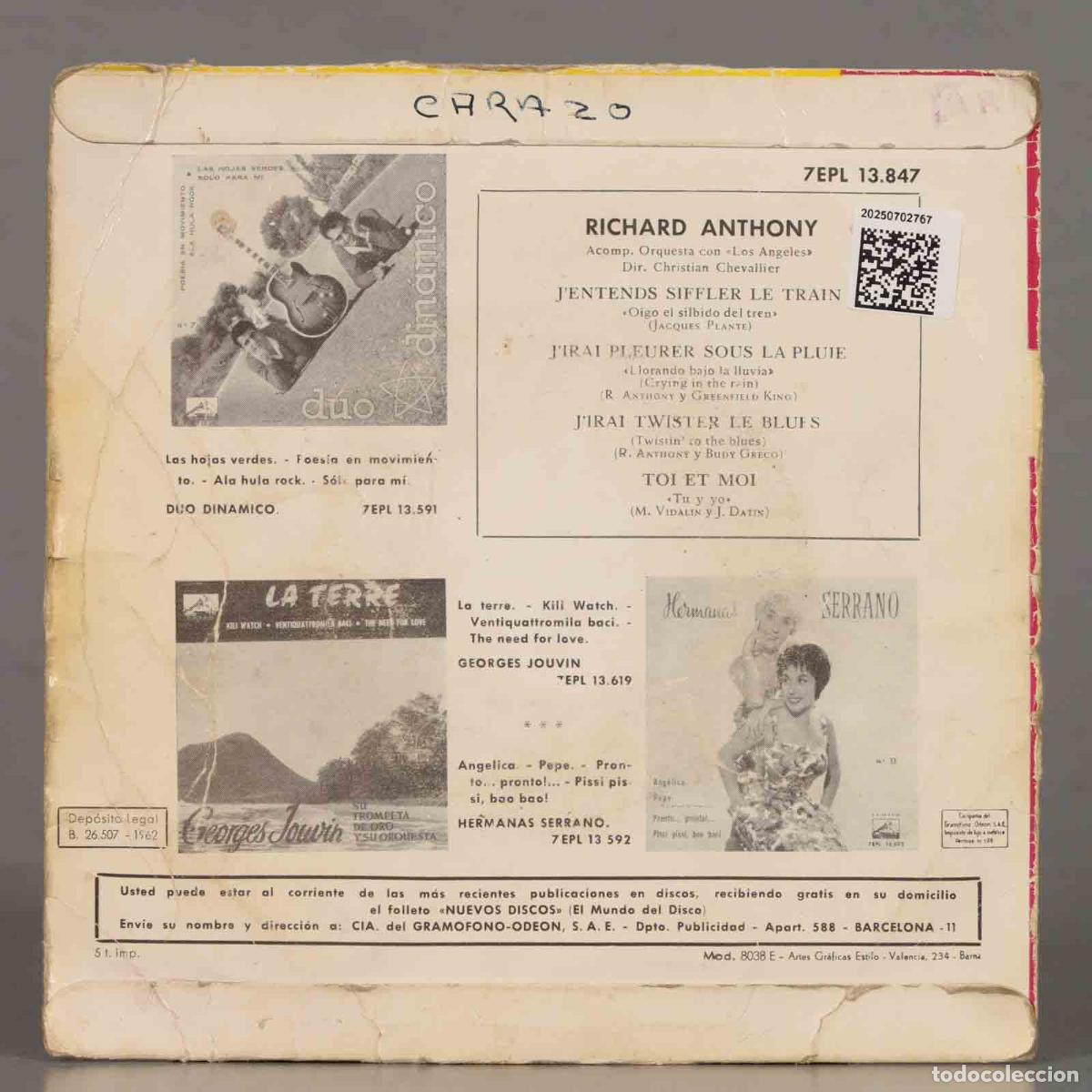 Discos de vinilo: EP. Richard Anthony &ndash; J&acute;Entends Siffler Le Train - Foto 2
