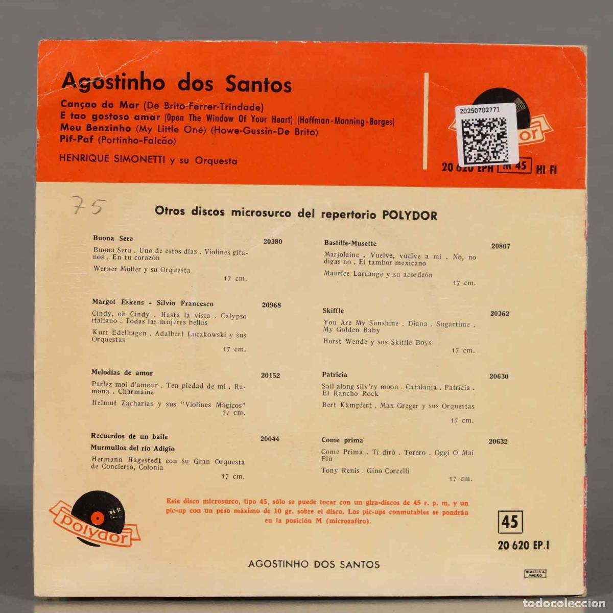 Discos de vinilo: EP. Agostinho Dos Santos &ndash; Can&ccedil;&atilde;o Do Mar - Foto 2