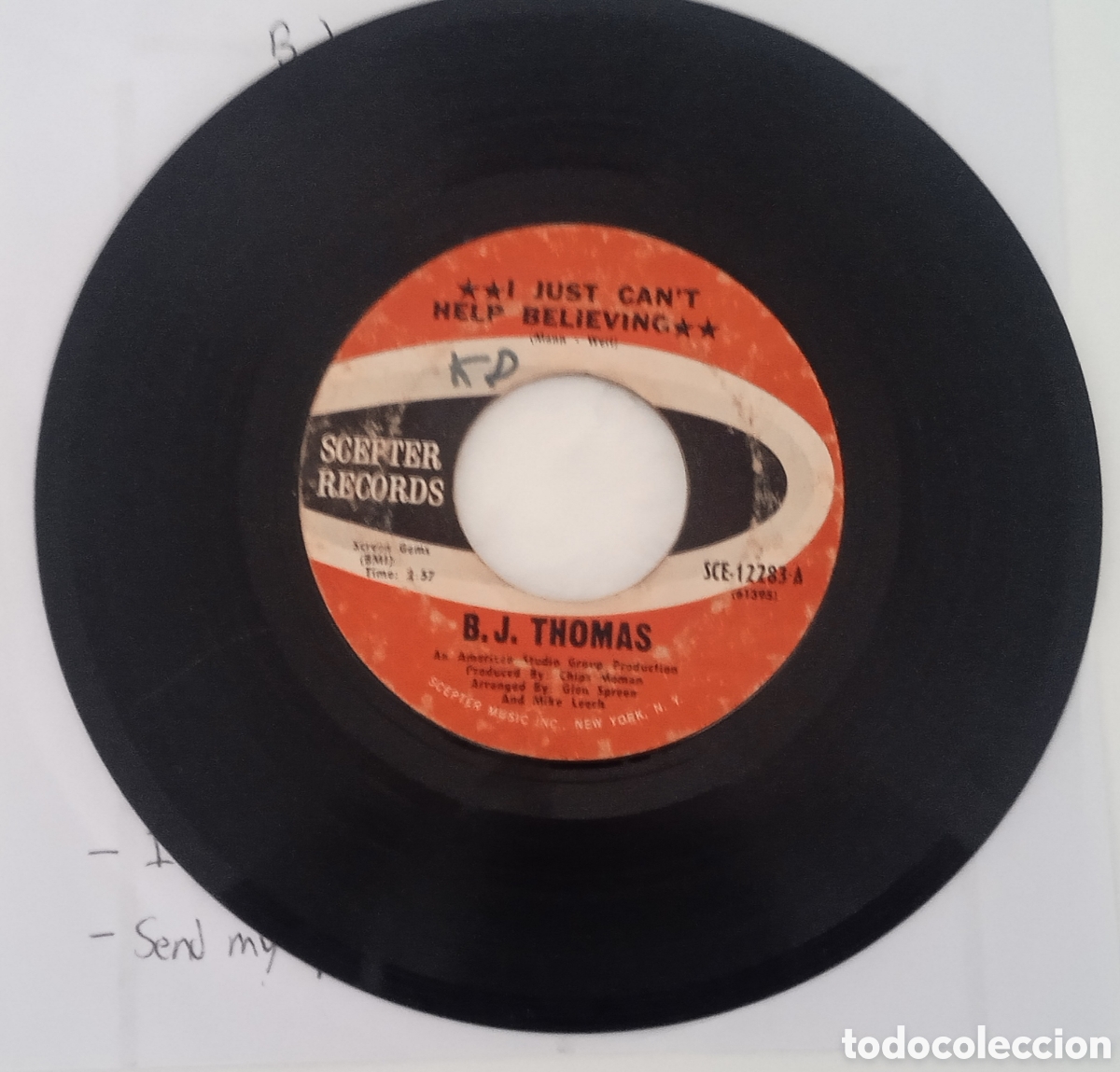 Discos de vinilo: B.J. THOMAS - I just cant help believing (1970) single - Foto 3